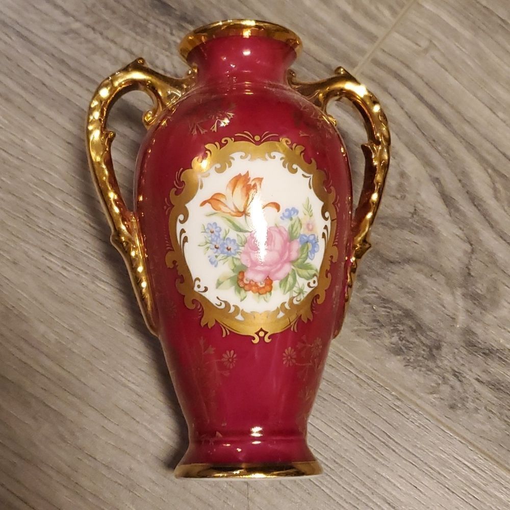 EUC Vintage German KPM Porcelain Maroon Floral Gold Rimmed Vase